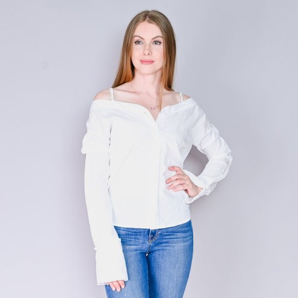 ALPHA & OMEGA White Off-Shoulder Shirt Blouse - Picture 7 of 7